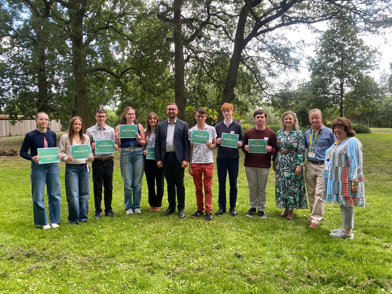 Connor Naismith MP with the Summer School students, alongside Sally Hepton and Cllrs Ben Wye and Dawn Clark.