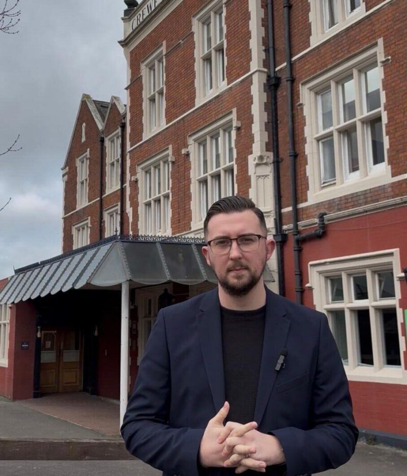 Connor Naismith MP outside the Crewe Arms hotel.